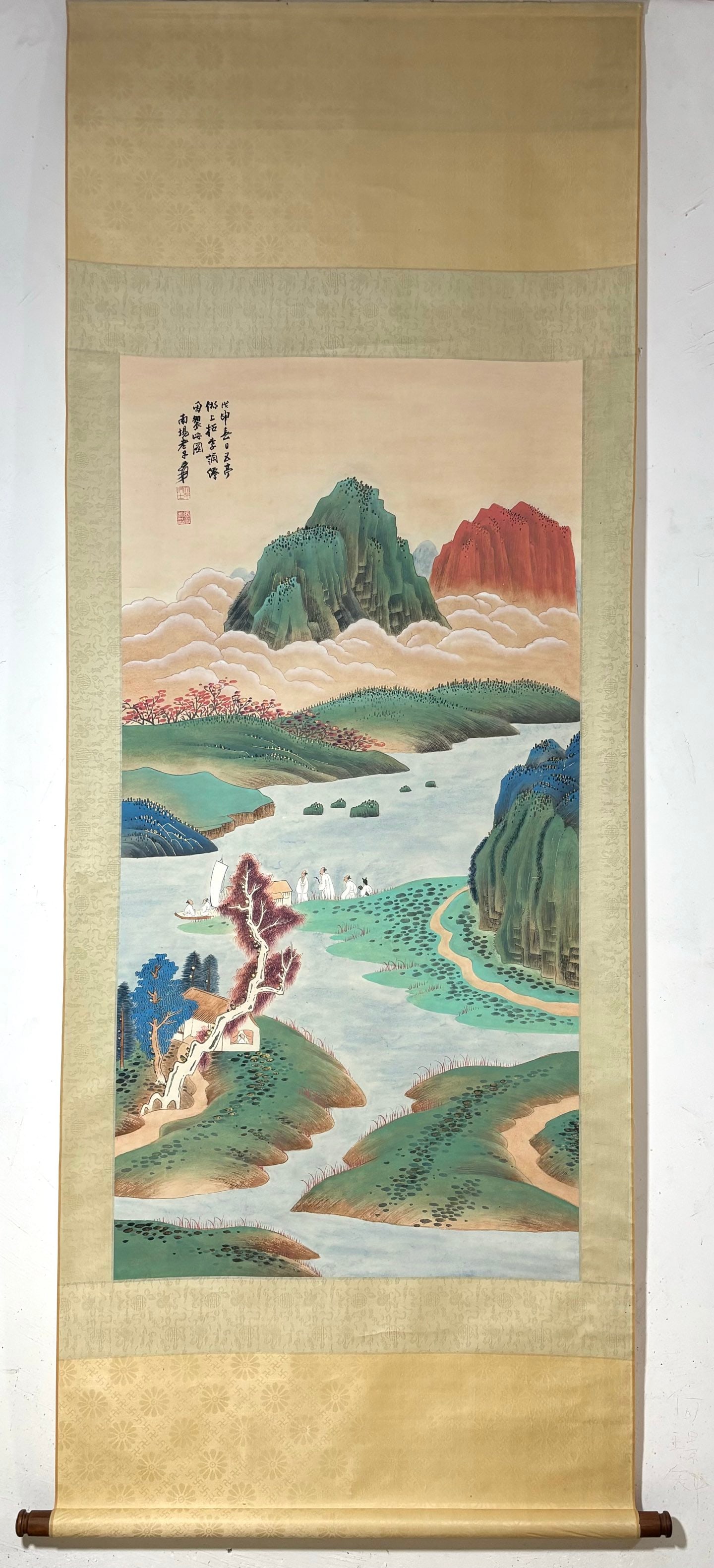 A vertical axis of Zhang Daqian's landscape figure picture: Zhang Daqian's landscape figure picture vertical axis Size:Flower core:131x66cm (The Dimensions Of All Batches Are Manually Measured.If You Need More Detailed Information, Please Contact Our Customer 
