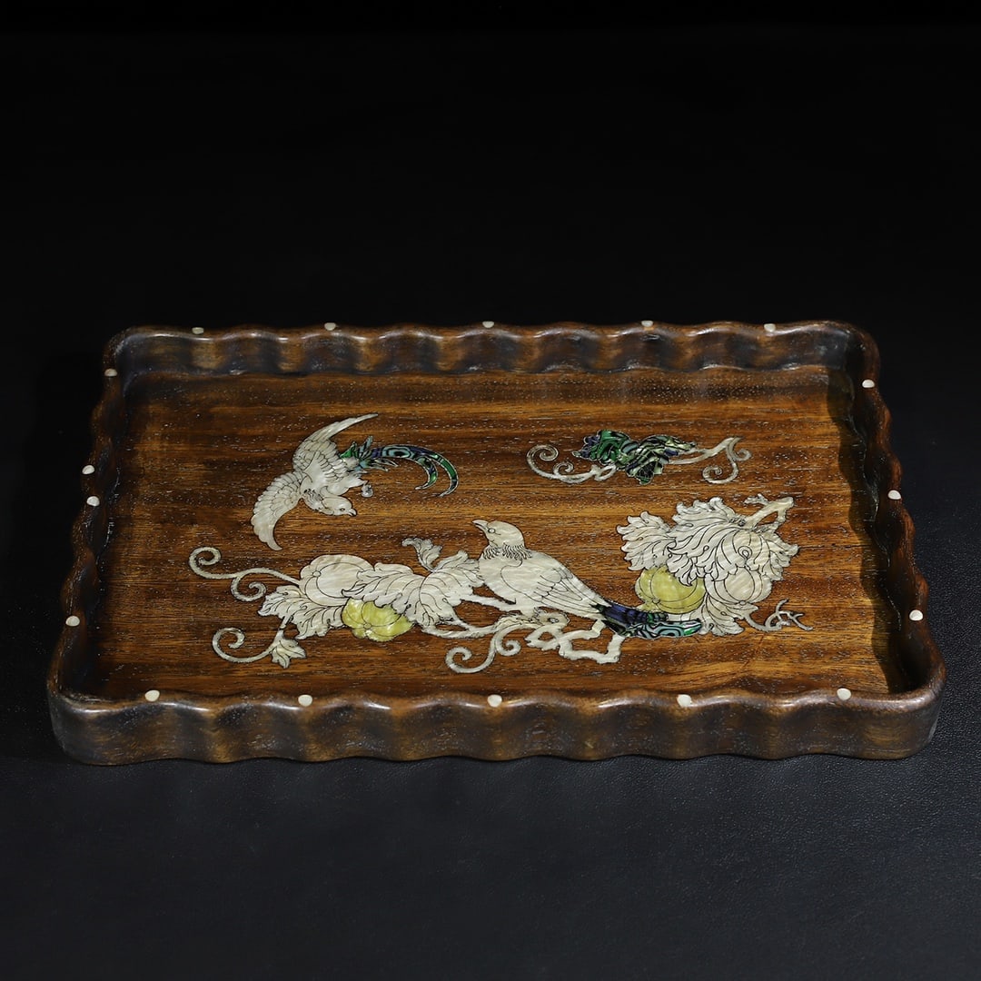 A beautiful rosewood shell-encrusted curved tea tray tray organizer (1 of 10)