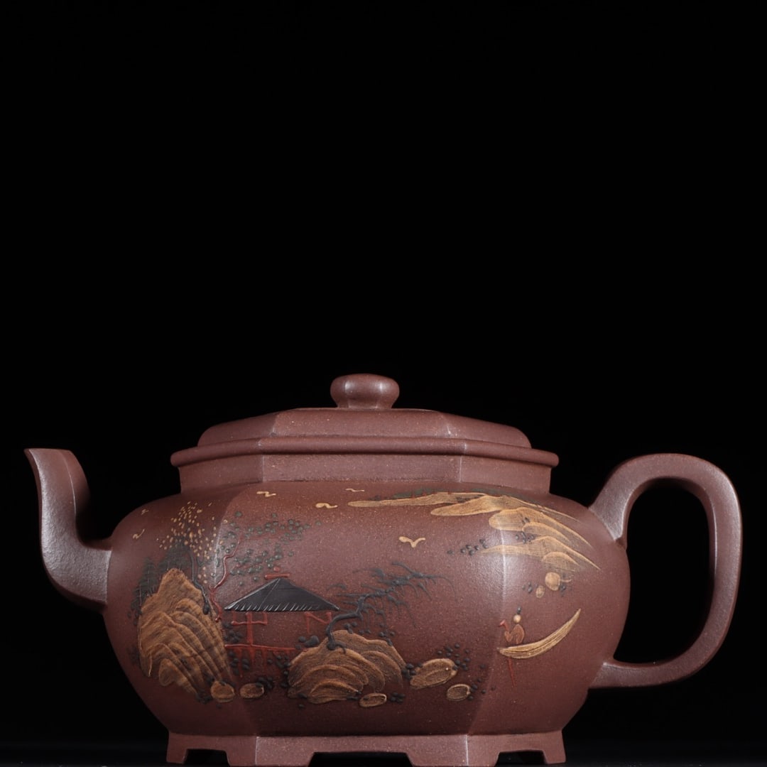 A finely crafted clay-painted landscape six-sided Yixing teapot (1 of 9)