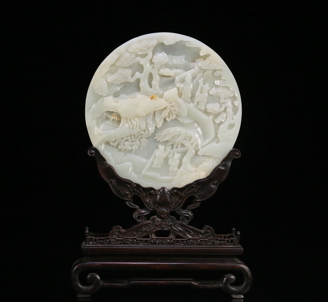 A Qing Dynasty rosewood piece with Hetian jade is used for a landscape poetry and prose screen: Qing dynasty rosewood entrusted with Hetian jade, interspersed with portraits, landscapes, and poetry screens Size:34.5x23x7 cmjade: 20.5x0.8 cm W: 0.5875 kg Size:34.5x23x7 cmjade: 20.5x0.8 cm W: 0.58
