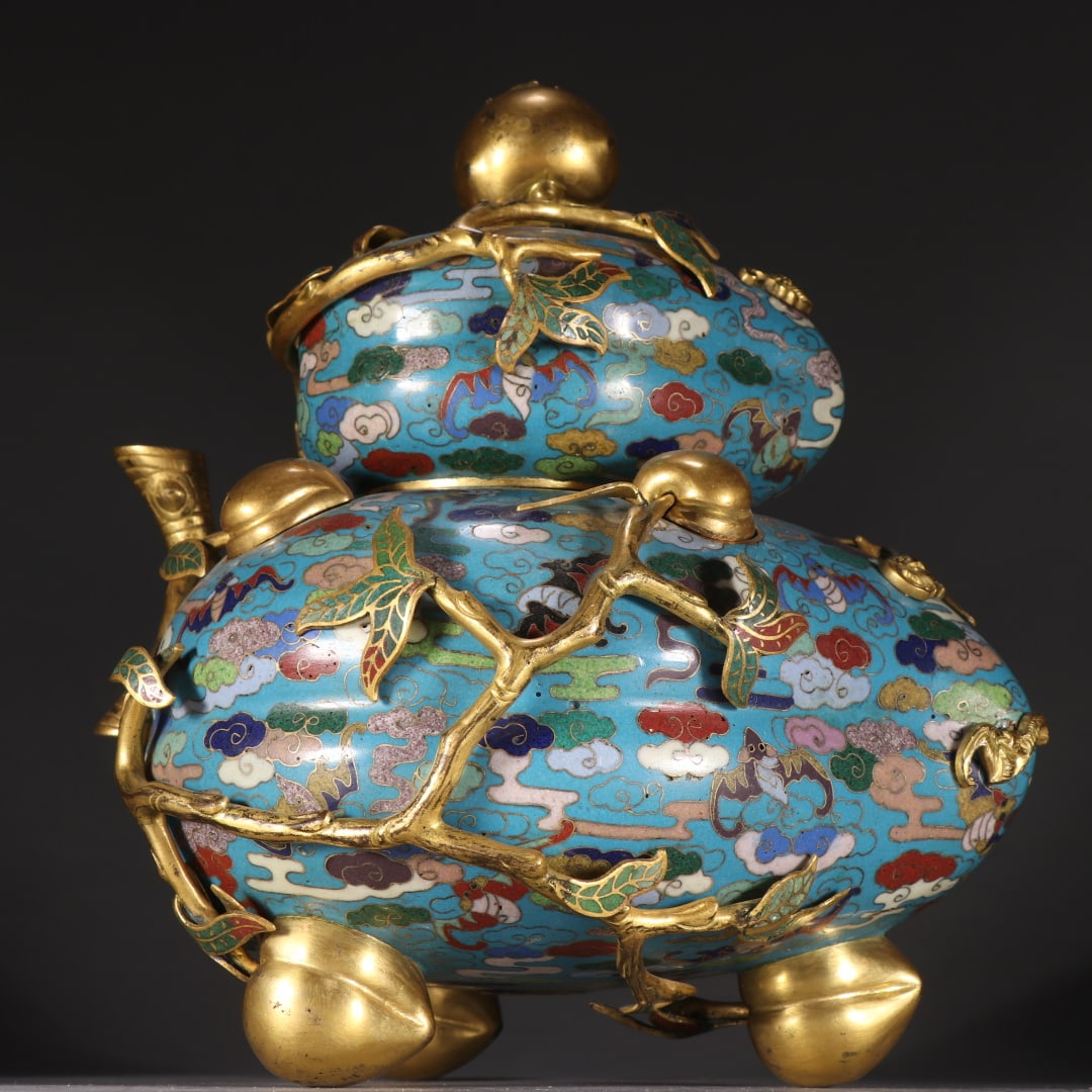 A pair of Qing Dynasty gilt copper cloisonne with longevity pattern and longevity peach incense (1 of 5)