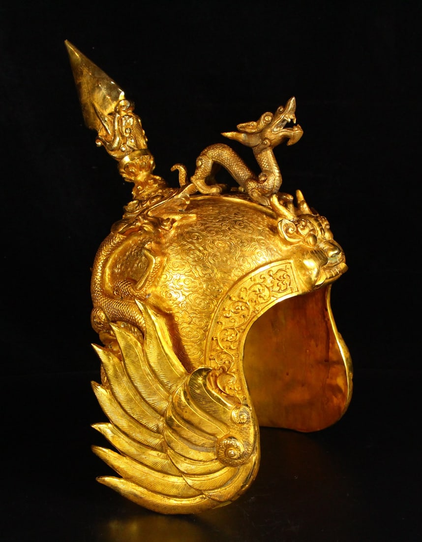 A beautifully crafted helmet with gilded copper and hand-engraved carvings (1 of 9)
