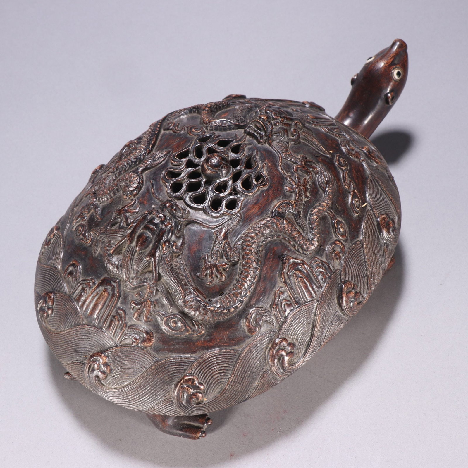 A beautiful agarwood incense burner with two dragons playing with pearls and a turtle-shaped incense (1 of 8)