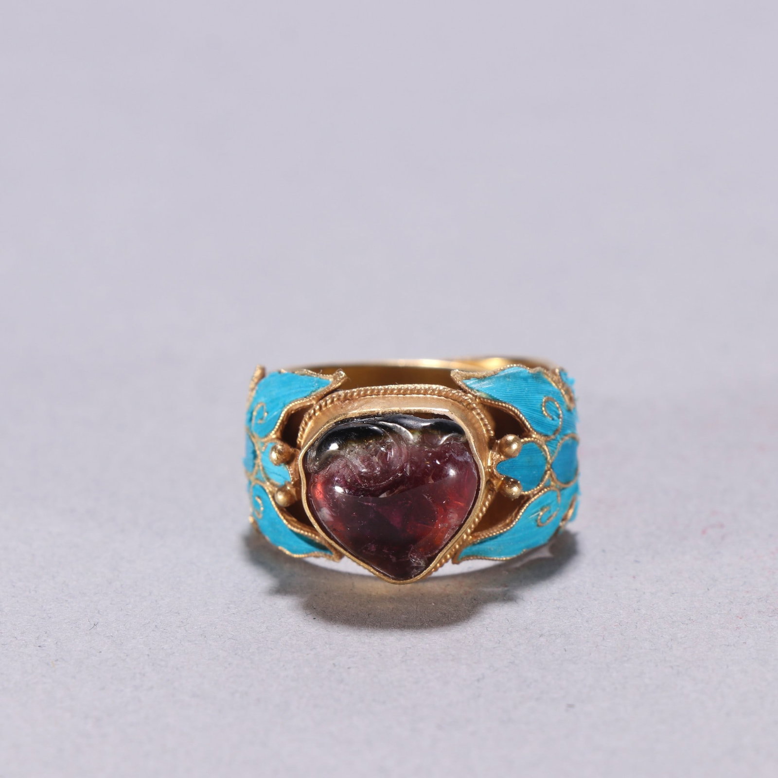 A Qing Dynasty silver gilt dotted with jade inlaid tourmaline and longevity peach ring (1 of 9)