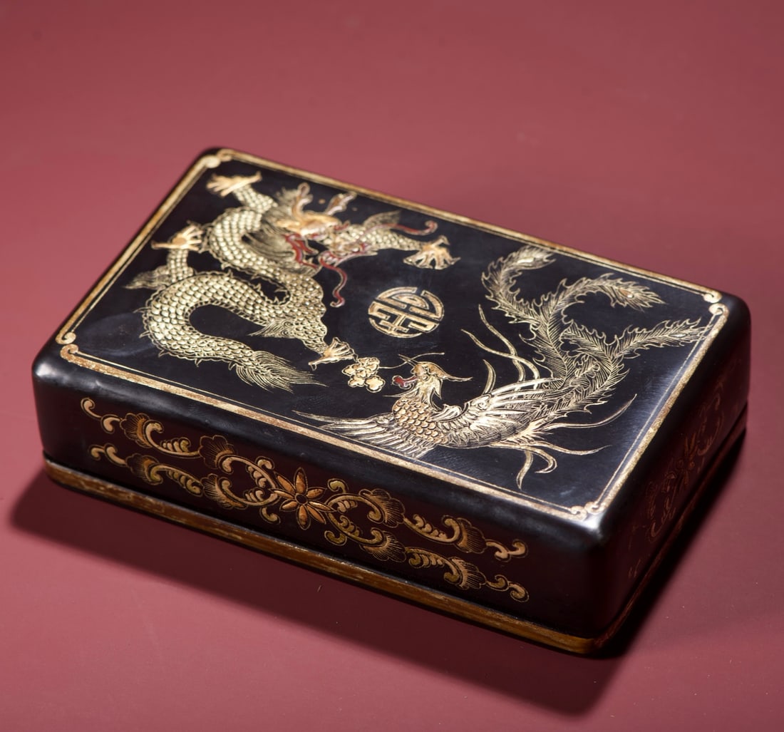 A beautiful wooden body with true gold lacquerware featuring dragon and phoenix auspicious study box (1 of 9)
