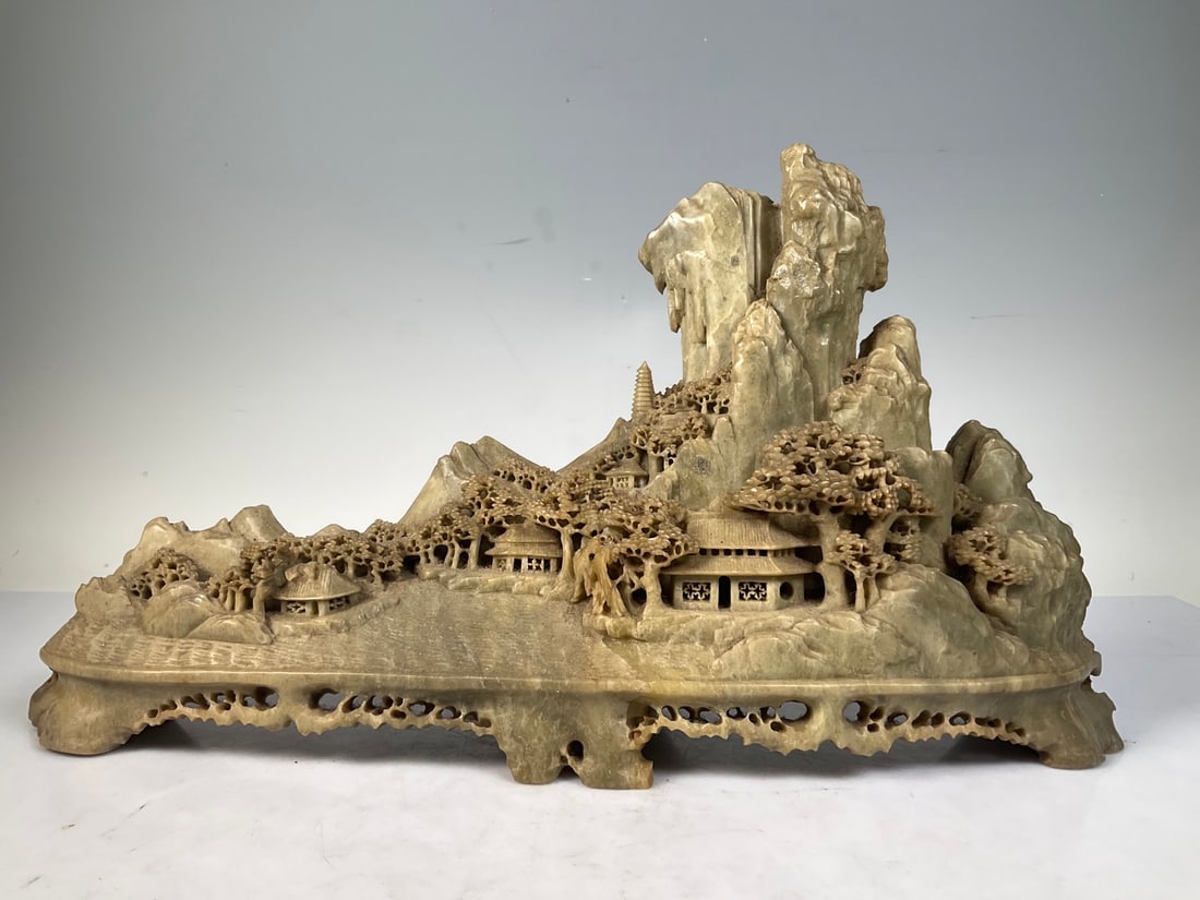 A beautiful Qingtian stone carving of a landscape ornament with beautiful river and scenery (1 of 5)