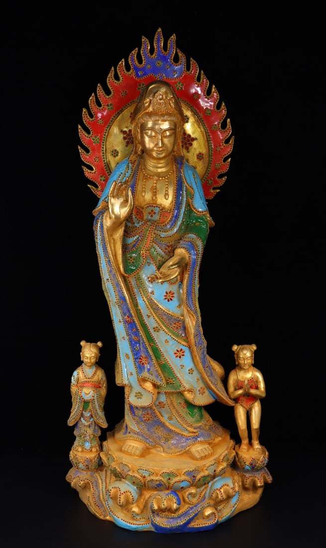 A finely crafted bronze gilded gemstone burnt blue Guanyin for Giving Children (1 of 9)