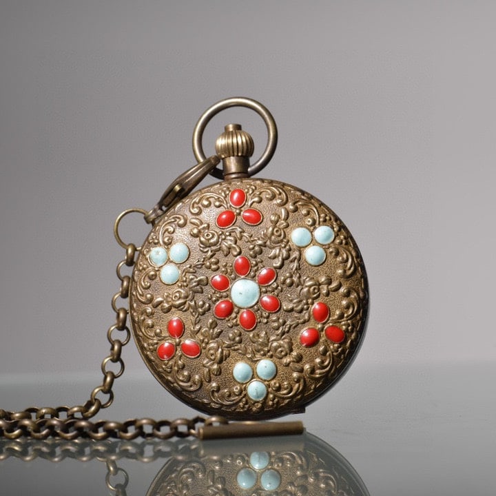 A beautifully crafted copper enamel floral pattern double-opening pocket watch featuring sun, moon, (1 of 8)
