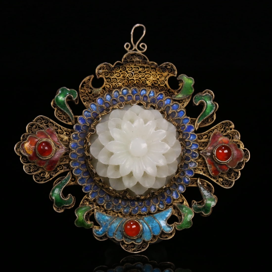 A Qing Dynasty silver gilt filigree inlaid with Hetian jade floral plaques (1 of 8)