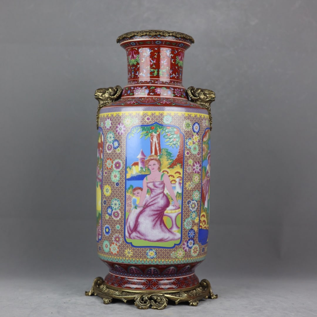 A finely crafted enamel vase with Western figure patterns inlaid with copper ram-ear mace: Exquisite enamel Western figure motifs inlaid with copper sheep ear mace vase Size: H: 45cm Calibre: 14cm D:18cm Bottom:21.5cm Size: H: 45cm Calibre: 14cm D:18cm Bottom:21.5cm (The Dimensions Of All B