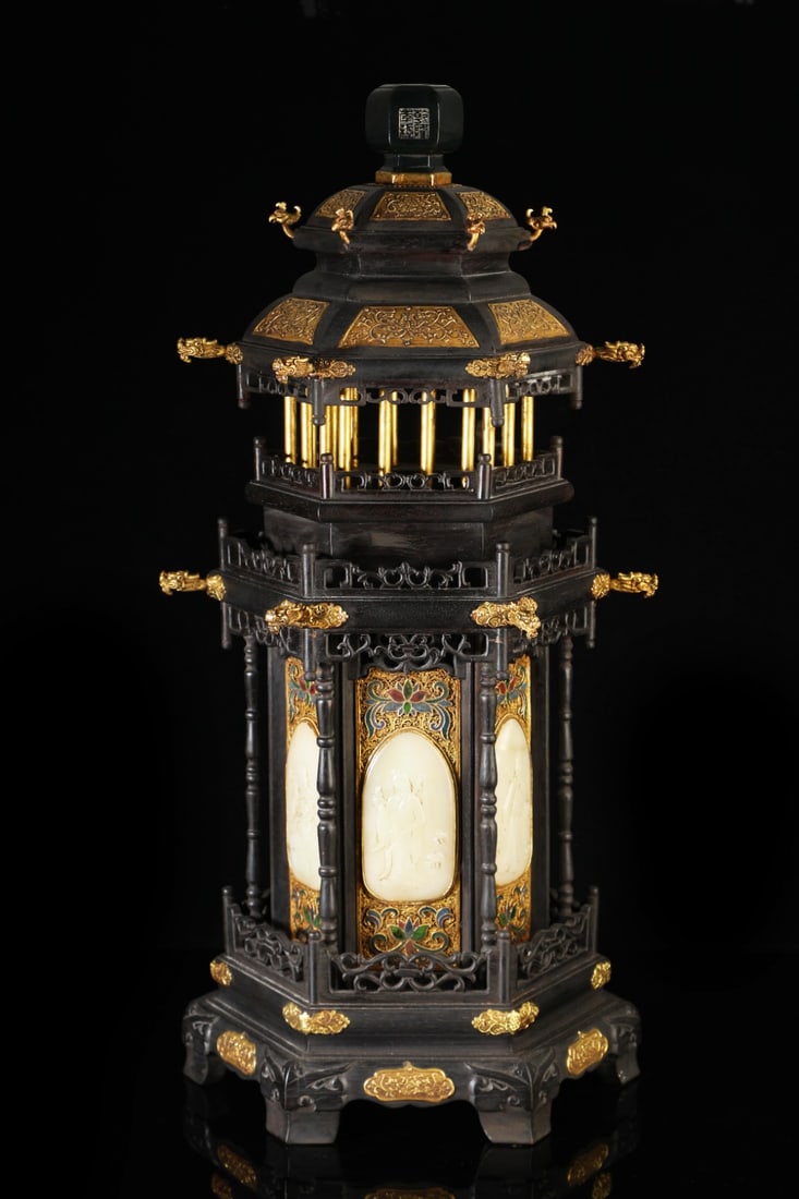 A beautiful Hetian jade ebony pagoda: Exquisite Hetian jade ebony pagodas Size: H: 61cm D: 28cm Size: H: 61cm D: 28cm (The Dimensions Of All Batches Are Manually Measured.If You Need More Detailed Information, Please Contact Our Customer 