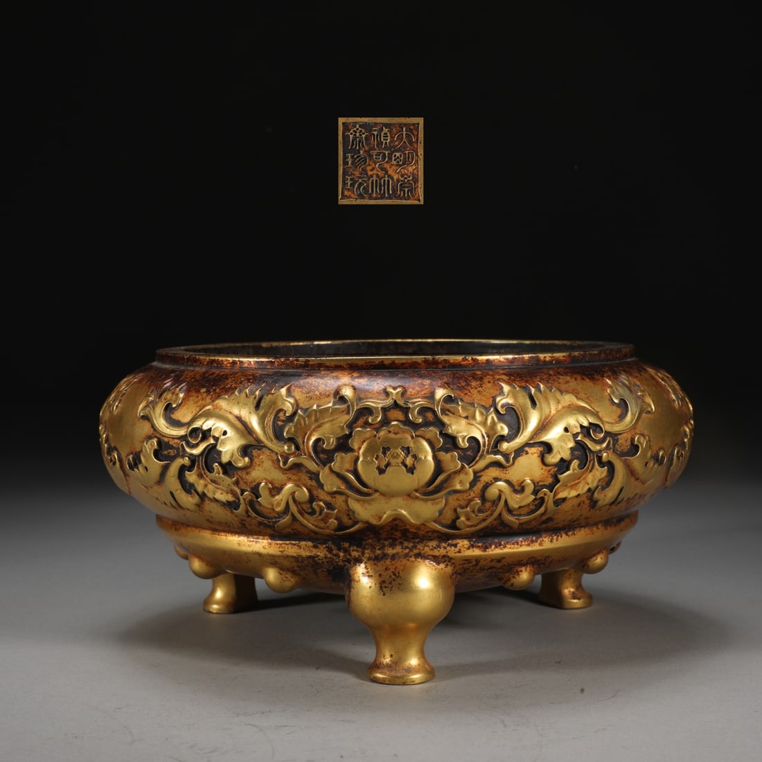 A Ming Dynasty finely cast bronze-bodied gilded drum-shaped censer with lotus motifs (1 of 9)