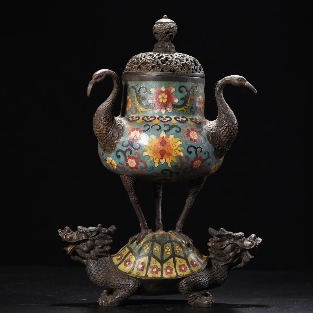 A beautiful cloisonne incense burner made of turtle and crane ages (1 of 9)