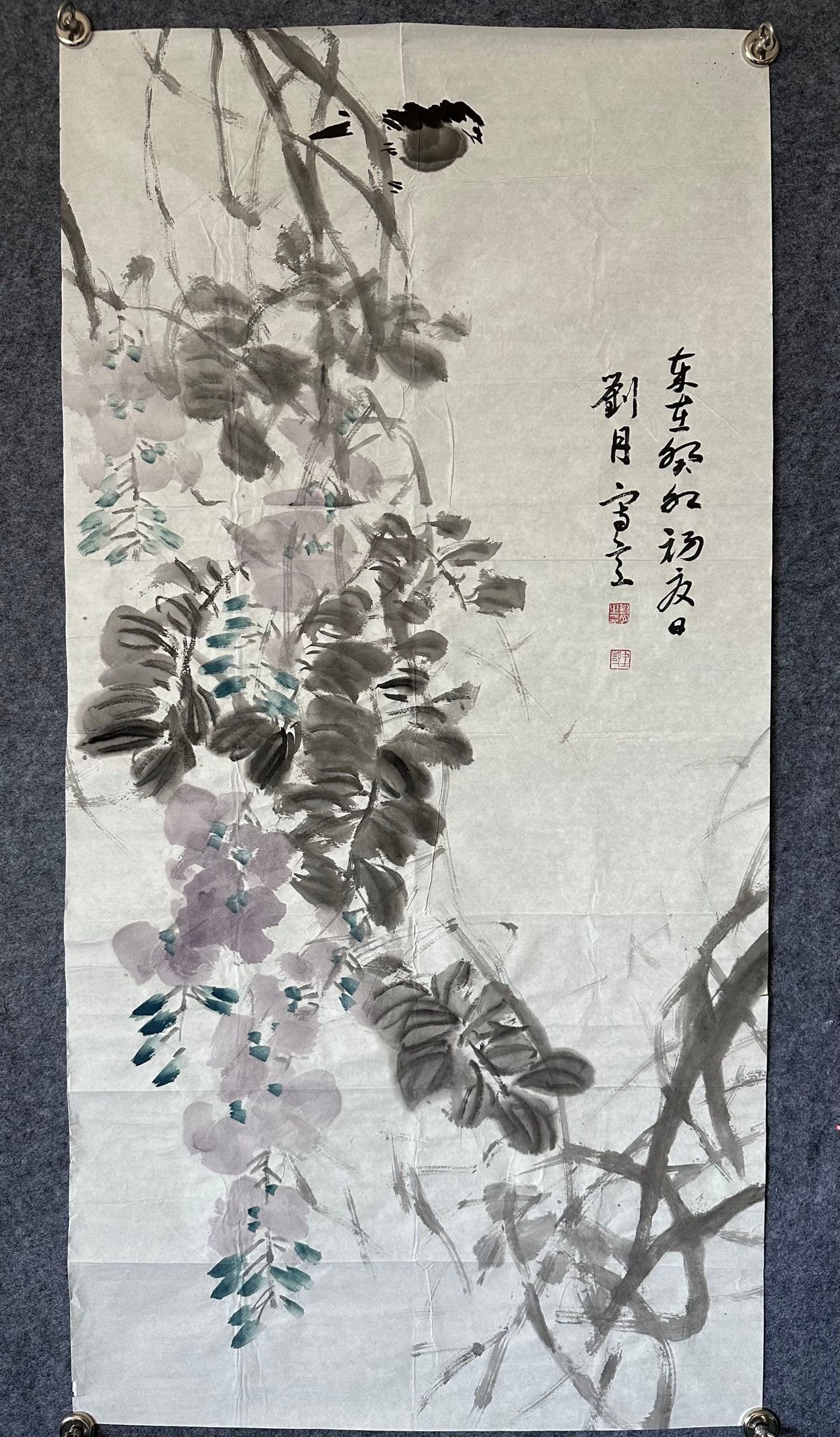 A four-foot piece of Xuan paper by Liu Yue depicting wisteria and birds (1 of 6)