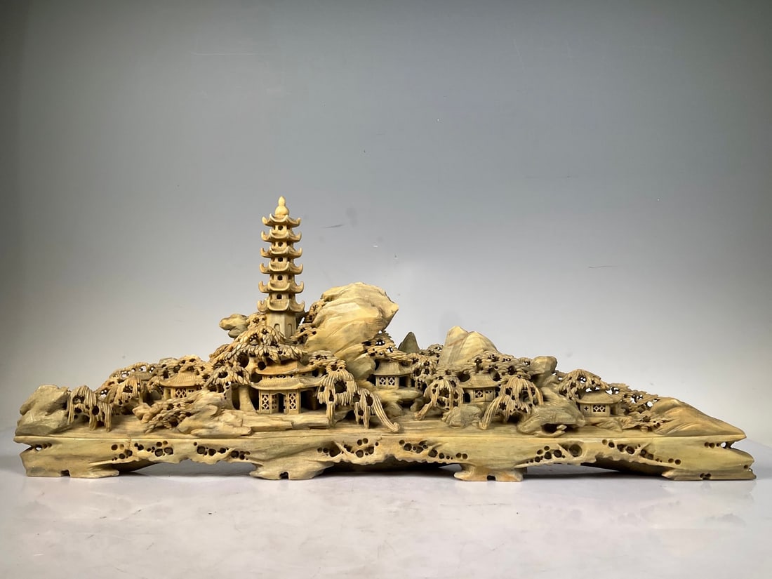 A beautiful Qingtian stone carving of a landscape ornament with beautiful river and scenery: Exquisite Qingtian stone carvings of landscapes and beautiful rivers and mountains Size: W: 51cm H:20 cm Size: W: 51cm H:20 cm (The Dimensions Of All Batches Are Manually Measured.If You Need More