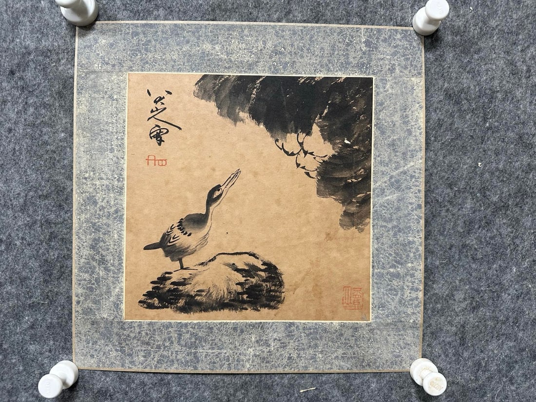 A painting of Bada Shanren with lotus flowers and waterfowl: Lotus and waterfowl painting by Bada Shanren Size: 24x24cm Size: 24x24cm (The Dimensions Of All Batches Are Manually Measured.If You Need More Detailed Information, Please Contact Our Customer