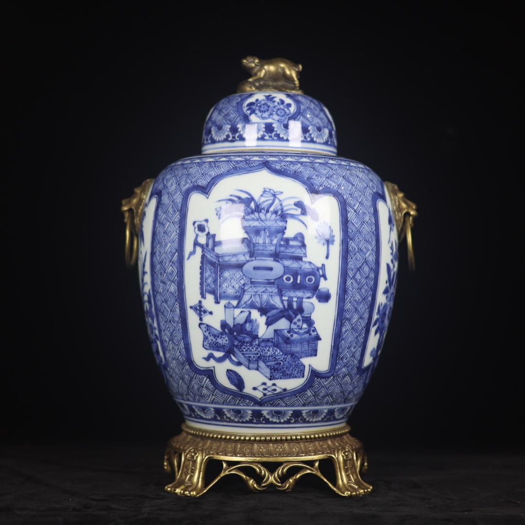 A fine blue-and-white brocade consecrated antique flower-and-bird pattern-inlaid bronze-covered jar (1 of 9)