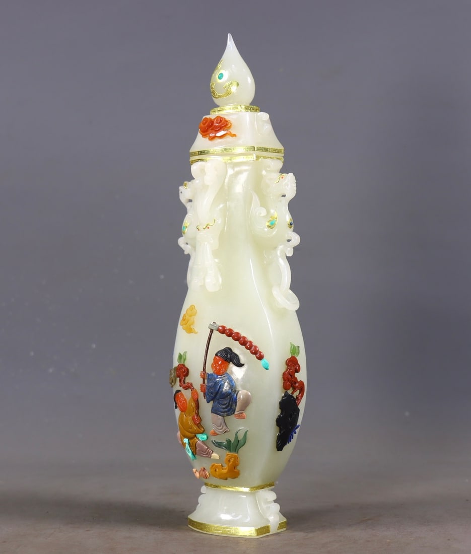 An Exquisite White Jade Inlaid Gold and Silver Inlaid Gems Character and Story Pattern Double-Ears V - 3