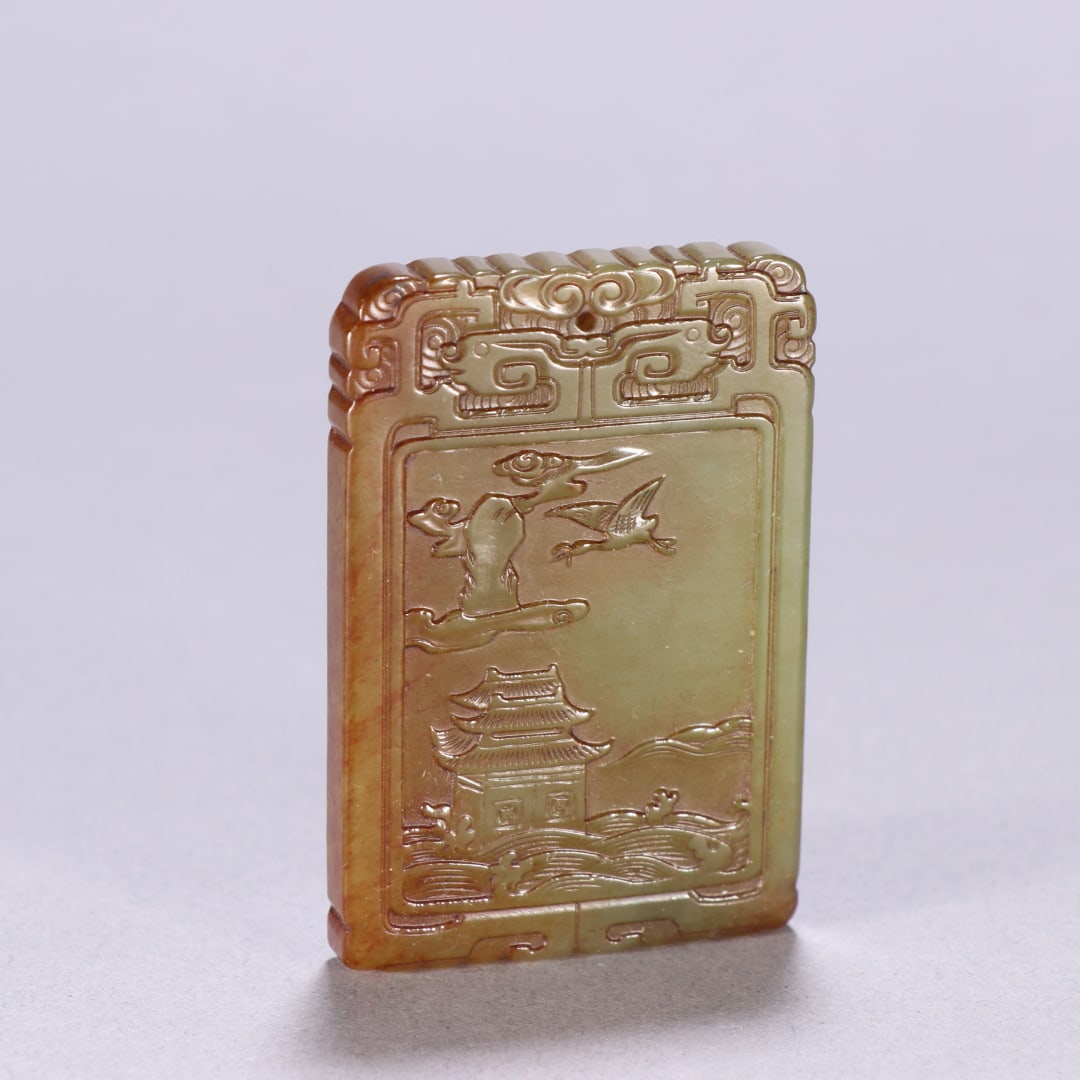 A Qing Dynasty Hetian yellow jade landscape pavilion poetic Zigang plaque: Qing Dynasty Hetian yellow jade landscape pavilion poetic Zigang plaque Size: H: 5.8cm W: 3.9cm W: 0.0419 kg (The Dimensions Of All Batches Are Manually Measured.If You Need More Detailed Information,