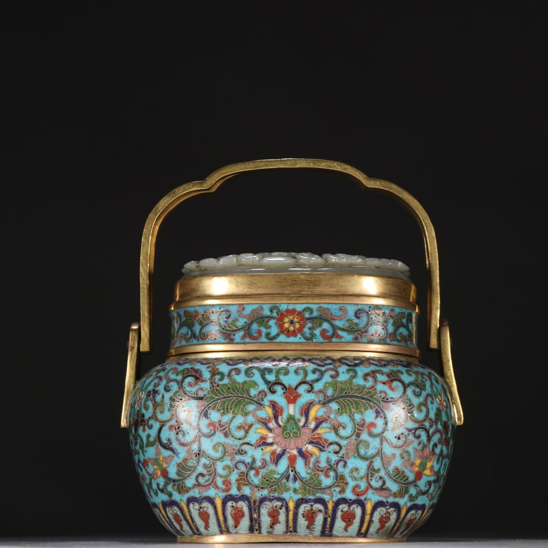 A Qing Dynasty copper gilt cloisonne lotus pattern hand warmer (1 of 9)