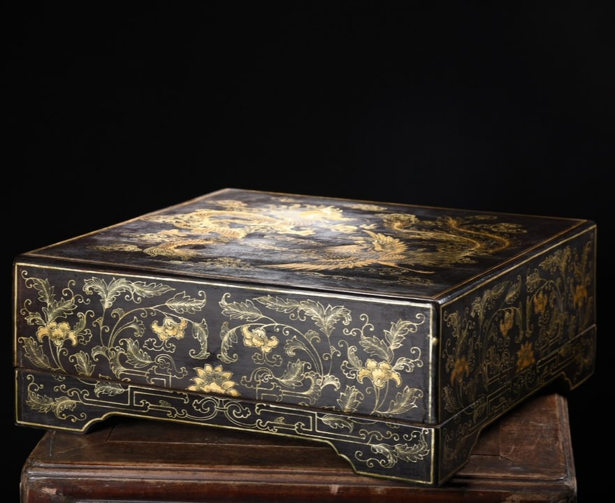 A beautiful old wood base with real gold lacquerware and dragon and phoenix pattern holding and (1 of 9)