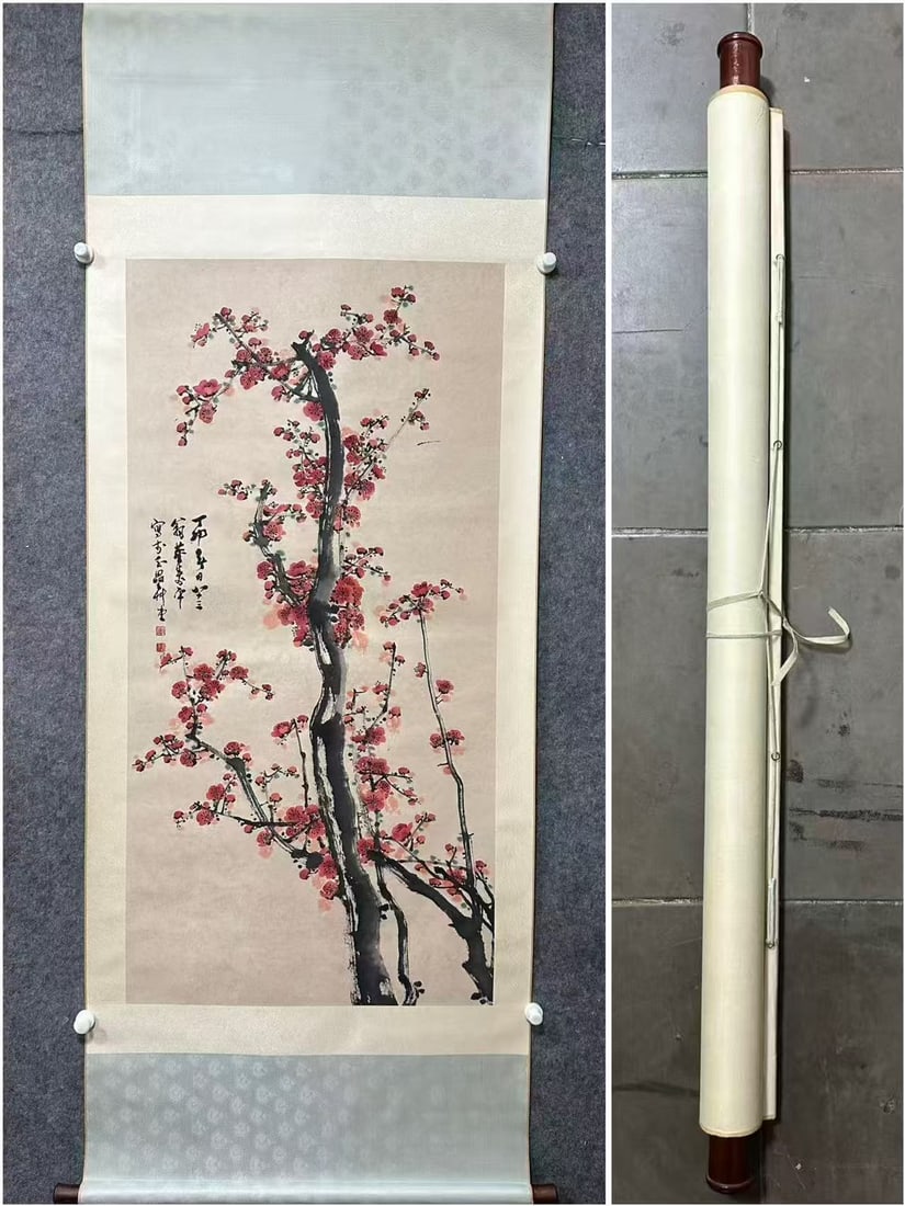A painting of red plum blossoms by Dong Shouping: Dong Shouping's Red Plum Blossom Painting Size:W:68cmL:136cm (The Dimensions Of All Batches Are Manually Measured.If You Need More Detailed Information, Please Contact Our Customer Service Before Bidd