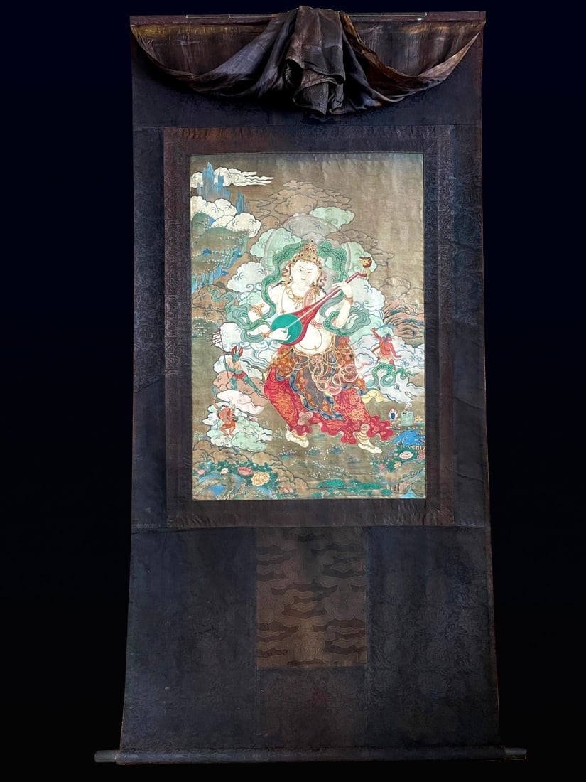 A Qing Dynasty Mineral Painted Miaoyin Celestial Maiden Thangka: A Qing dynasty mineral-painted Thangka of the Miaoyin Celestial Maiden Size: L: 156 cmW: 84.5 cmPainting core: L: 77.7 cmW: 52.3 cm (The Dimensions Of All Batches Are Manually Measured.If You Need Mor