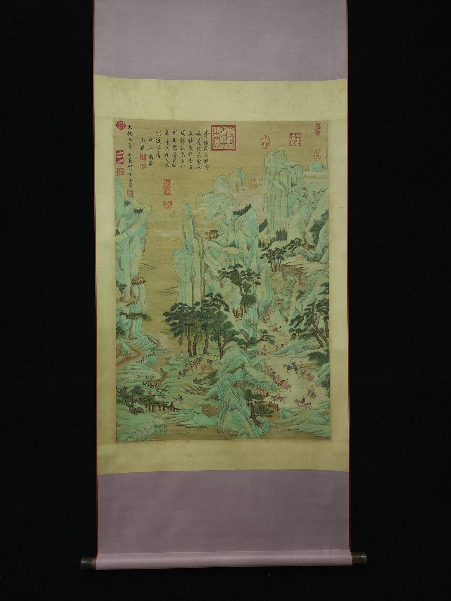 A Yuan Dynasty silk landscape painting of figure by Zhao Mengfu: Yuan dynasty Zhao Mengfu's silk portrait landscape Size: Painting core: 102x67 cm (The Dimensions Of All Batches Are Manually Measured.If You Need More Detailed Information, Please Contact Our Custome