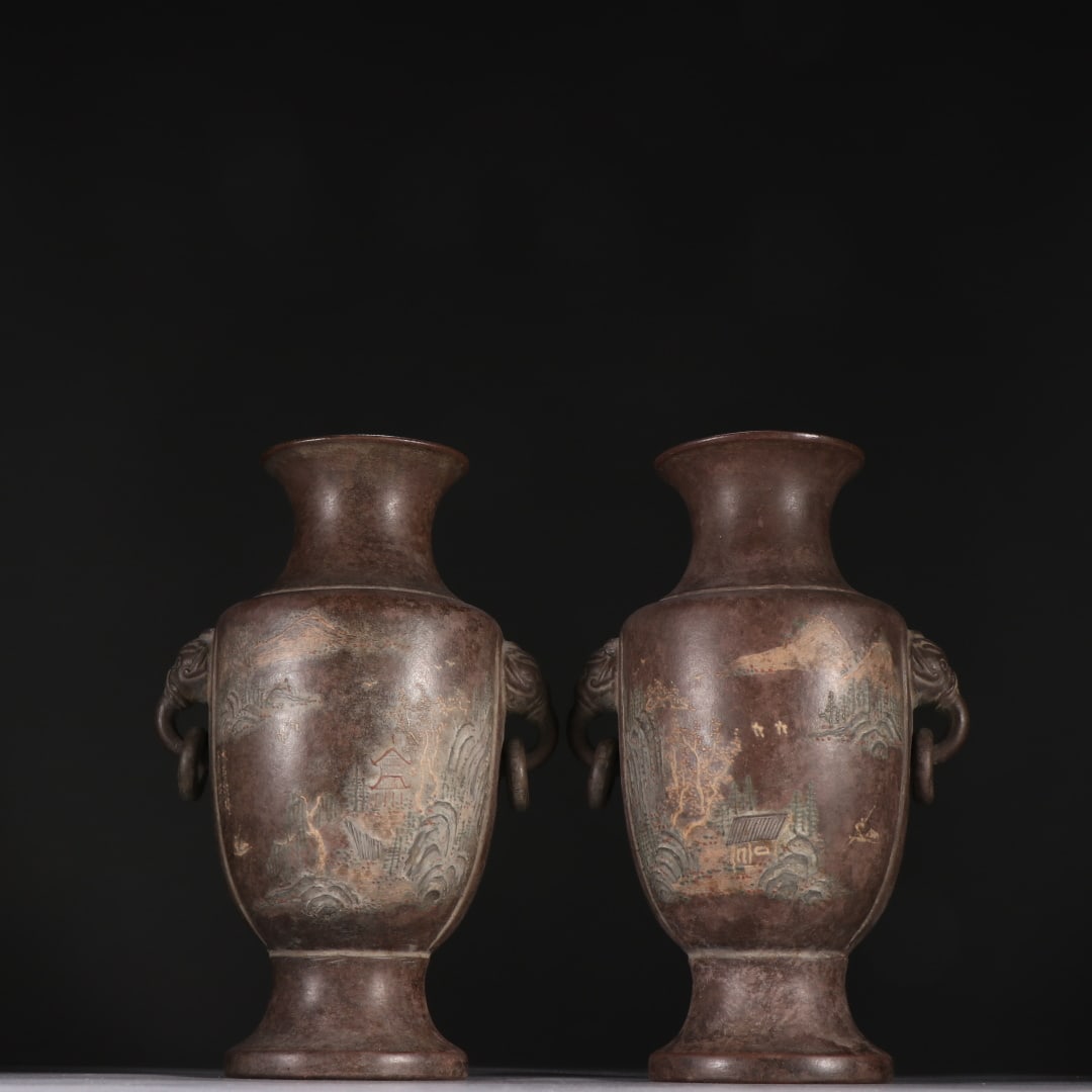 A pair of Zisha landscape double-handled ring-holding vases with Wang Nanlin's signature: Wang Nanlin's signature Zisha landscape double-handled ring-holding vase Size: H: 19cm W: 13cm (The Dimensions Of All Batches Are Manually Measured.If You Need More Detailed Information, Please Contac