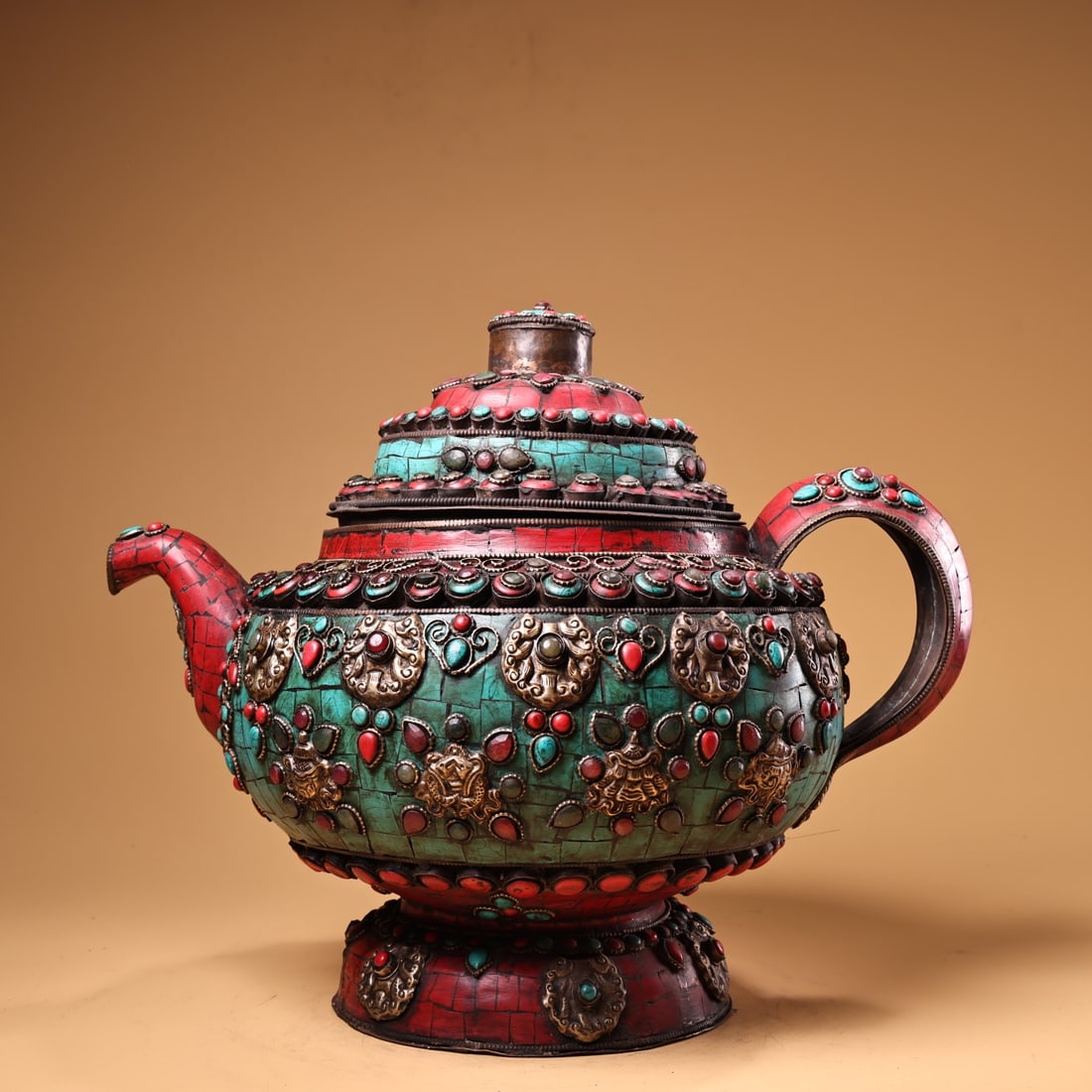 A finely crafted pure copper Tibetan craftsmanship tea pot inlaid with gemstone filigree floral (1 of 9)