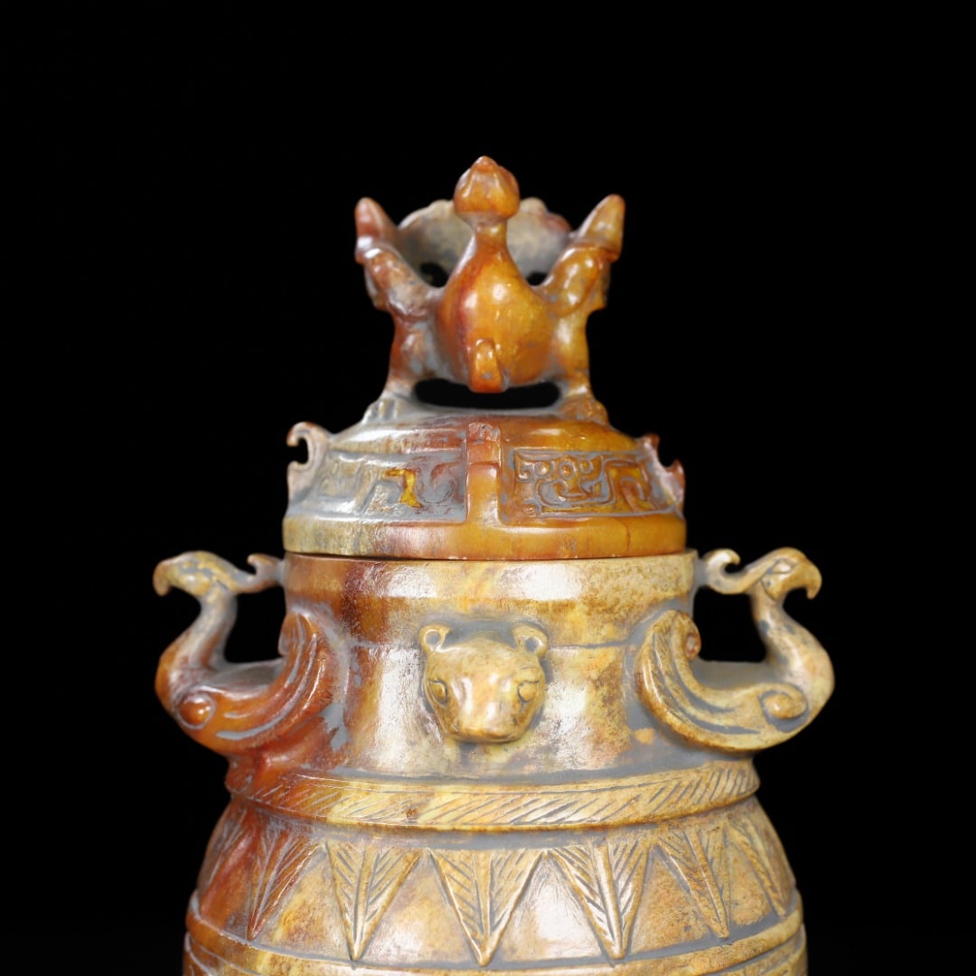 An Exquisite White Jade Phoenix Pattern Beast-Face Pattern Vase - 2
