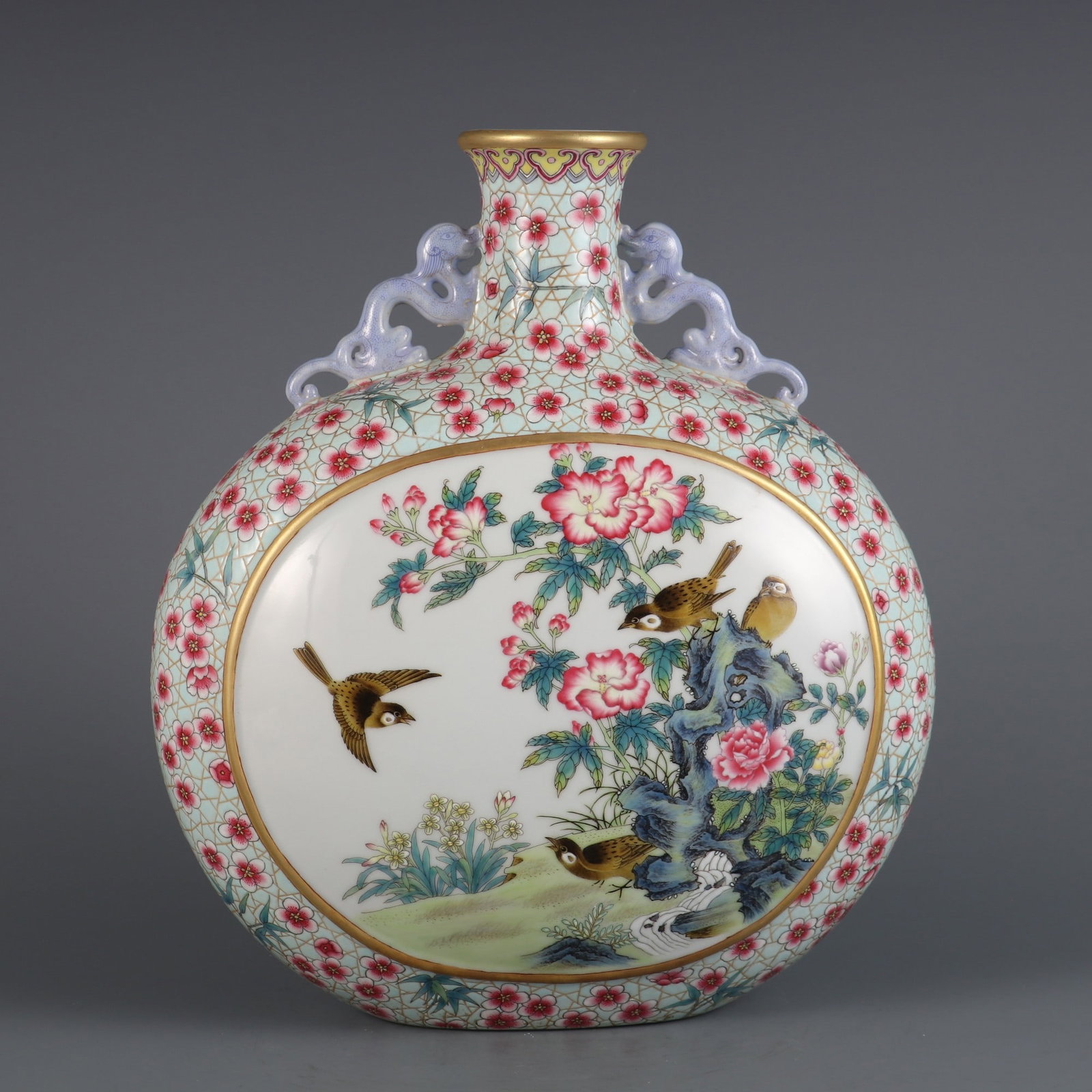 An Exquisite Famille-Rose Green Ground Flower and Bird Pattern Double-Ears Vase (1 of 10)