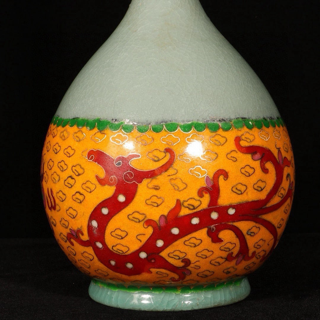 A Song Dynasty Qinglong Temple Ru kiln cloisonnÃ© enamel long-necked vase with colorful dragon - 3