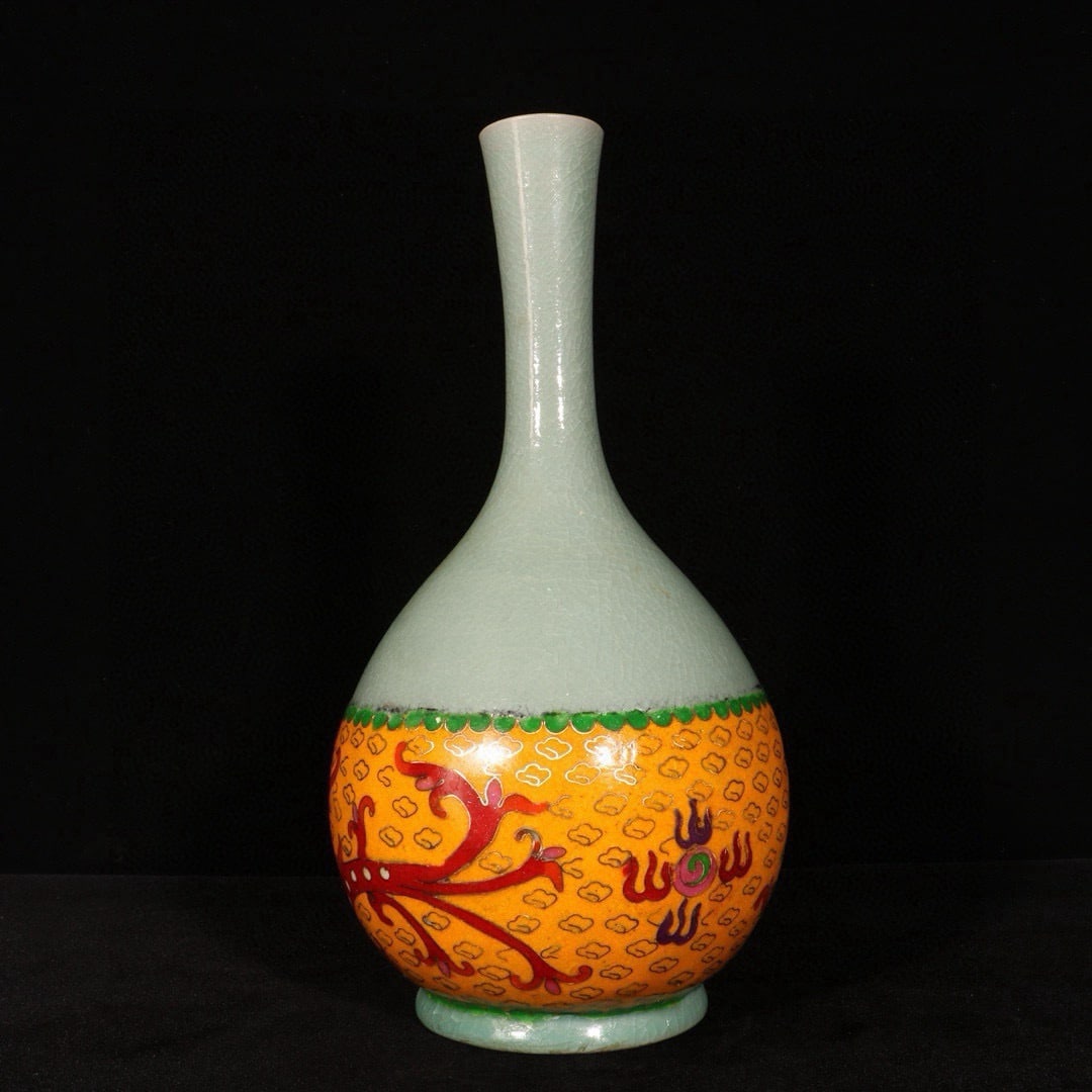 A Song Dynasty Qinglong Temple Ru kiln cloisonnÃ© enamel long-necked vase with colorful dragon - 4
