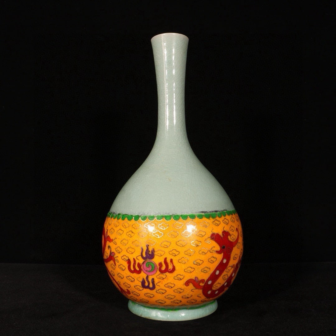 A Song Dynasty Qinglong Temple Ru kiln cloisonnÃ© enamel long-necked vase with colorful dragon - 5