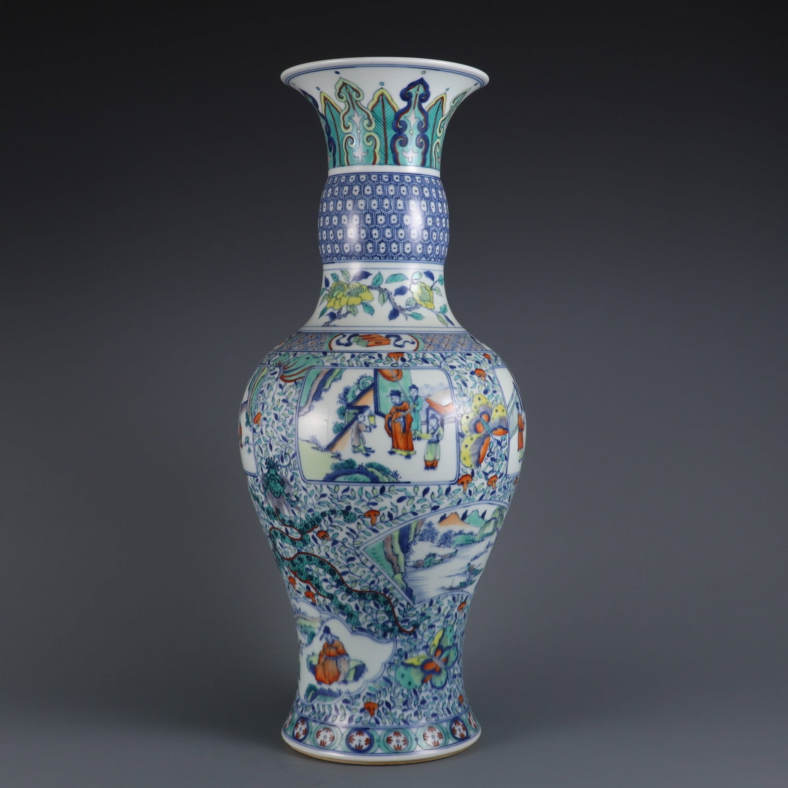 A Qing Dynasty vase featuring colorful floral windows and story figures: Qing Dynasty Doucai Flower Window Story Story Zun Vase Size:H:51.5cm Calibre:15.8cm (The Dimensions Of All Batches Are Manually Measured.If You Need More Detailed Information, Please Contact Our Custo