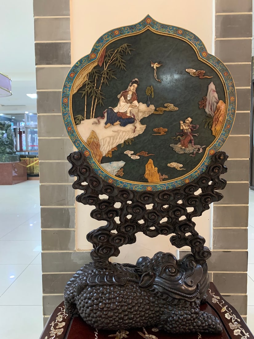 A Qing Dynasty Hetian jasper inlaid with a hundred treasures and a child worshipping Guanyin with (1 of 9)