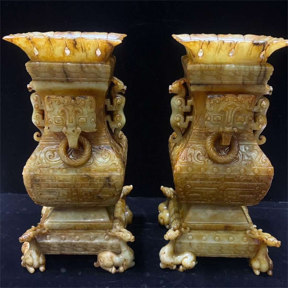 A pair of exquisite Hetian jade topaz combination four-sheep auspicious beast vases: Exquisite Hetian jade topaz combination four-sheep auspicious beast vase Size:H:30cm W:15cm(The Dimensions Of All Batches Are Manually Measured.If You Need More Detailed Information, Please Contact Ou