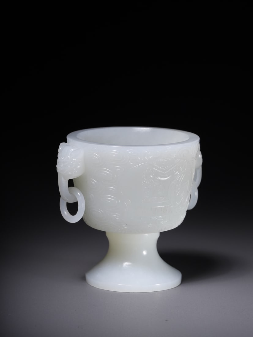 A beautiful Hetian white jade double-handled cup - 3