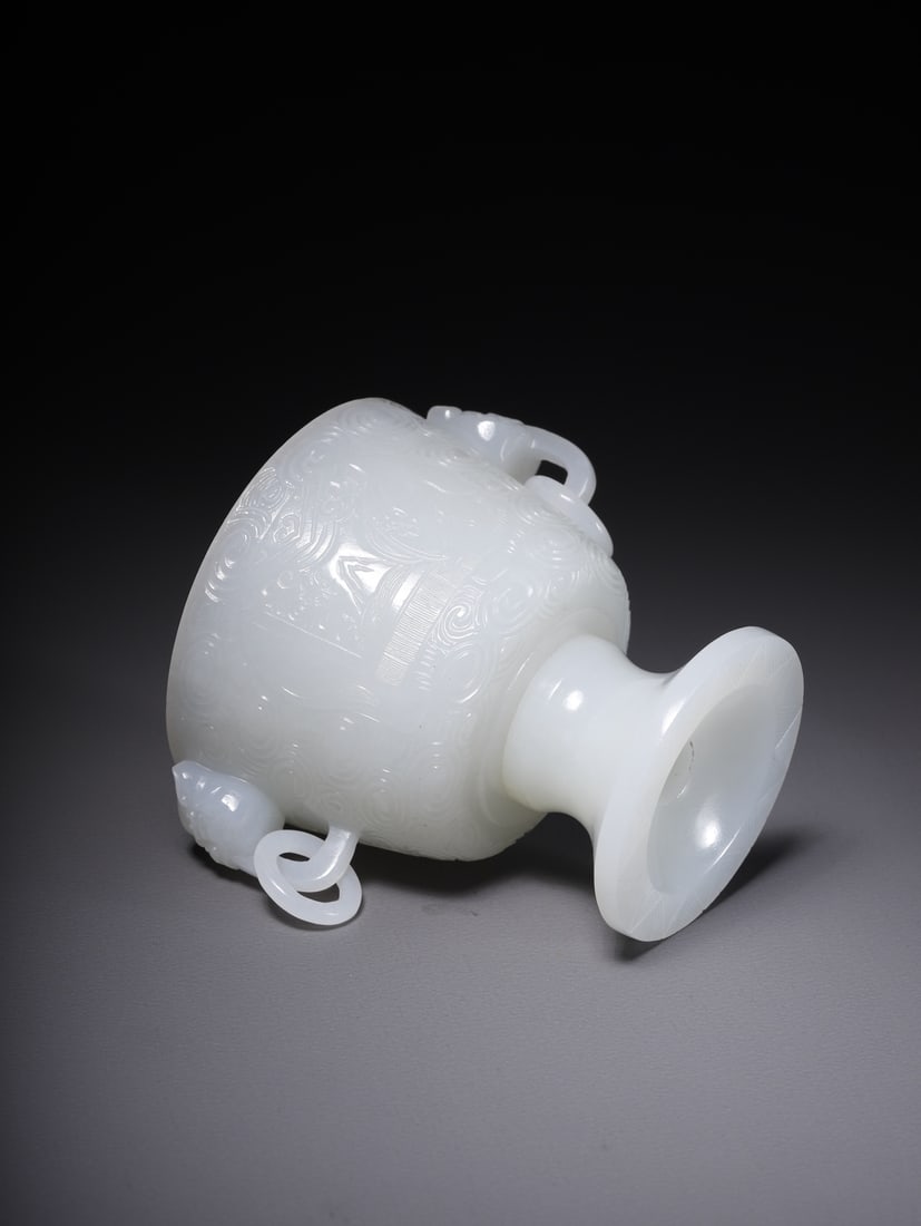 A beautiful Hetian white jade double-handled cup - 6