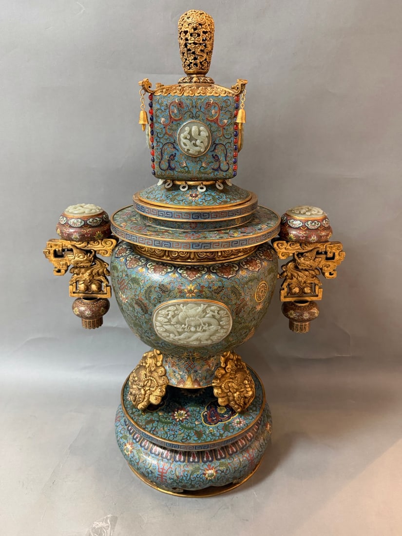 A beautifully crafted cloisone enamel inlaid gemstone aroma burner: Exquisite cloisonné enamel inlaid gemstone aroma burners Size:55x32x81cm (The Dimensions Of All Batches Are Manually Measured.If You Need More Detailed Information, Please Contact Our Customer