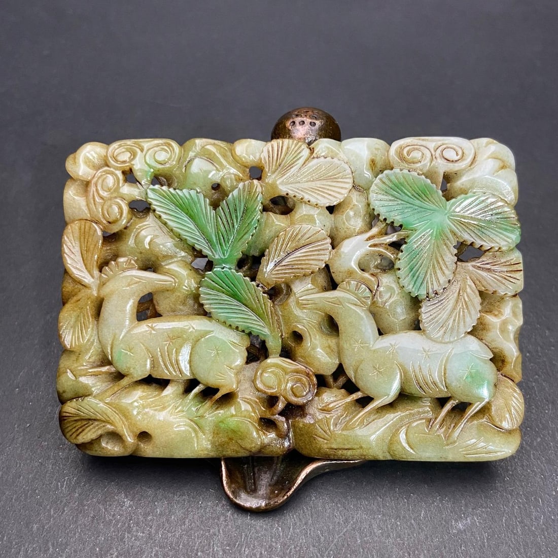 A beautiful natural jadeite double deer hollow inlay