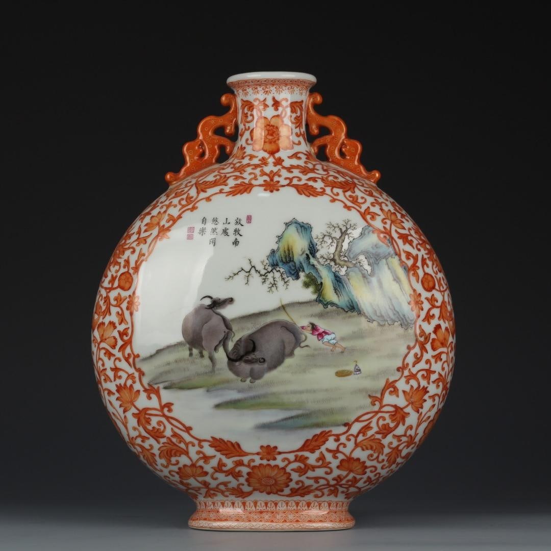 A Qing Dynasty Qianlong period vase featuring a double-handled moon-embracing vase with a figure: Qing Dynasty Qianlong period Double-Handled Moon-Embracing Vase with Alum-Red Entwined Branches and Window Figures, Herding Cattle Size: H: 32 cm xCalibre: 6.5 cm x Belly diameter: 26 cm xBottom: 11.5