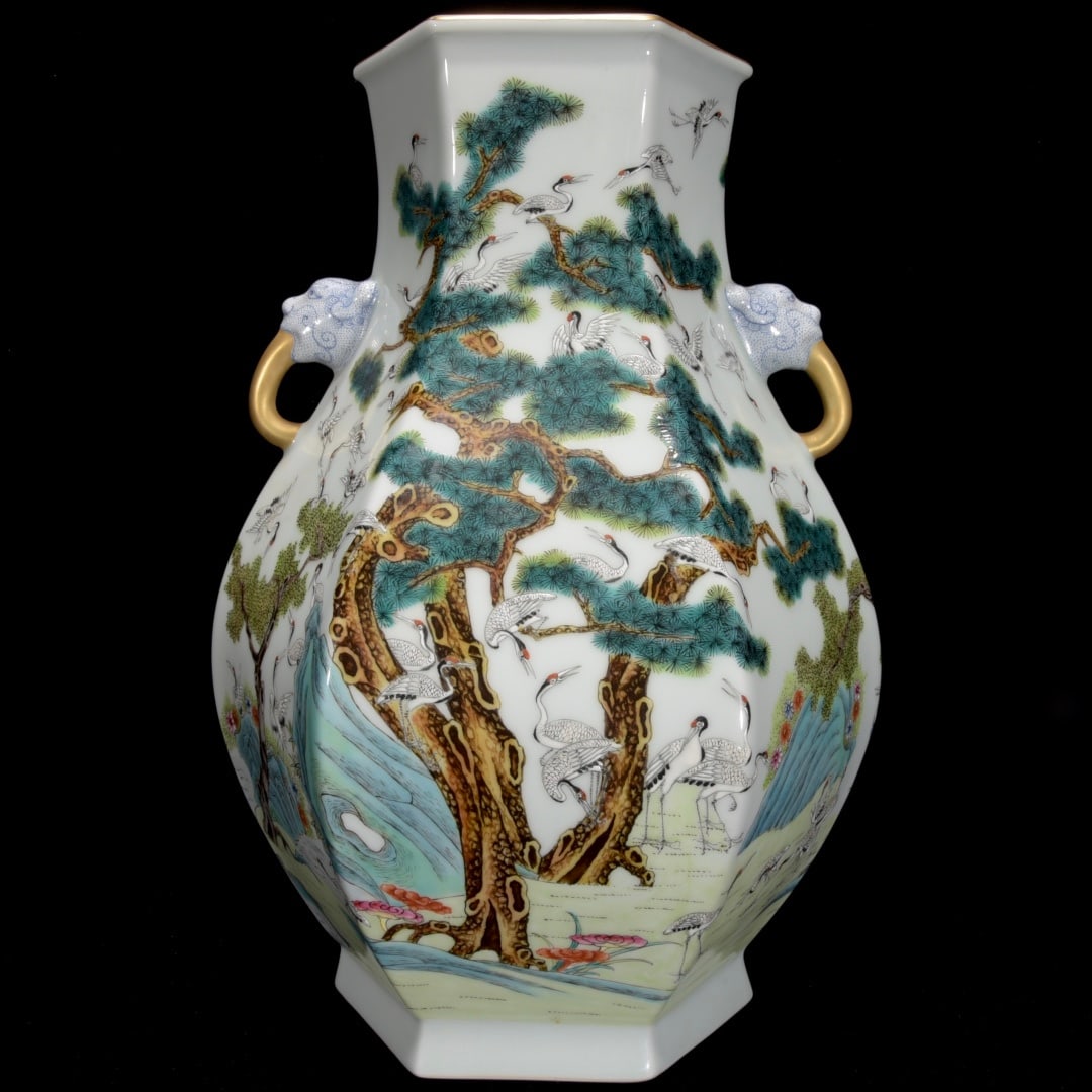 A famille rose and gilt pine crane longevity hexagonal double-handled beast-head vessel made during: A famille-rose gilded pine crane extending year pattern hexagonal double-handled beast-head vessel made during the Qianlong period of the Qing Dynasty Size:42x30cm (The Dimensions Of All Batches Are M