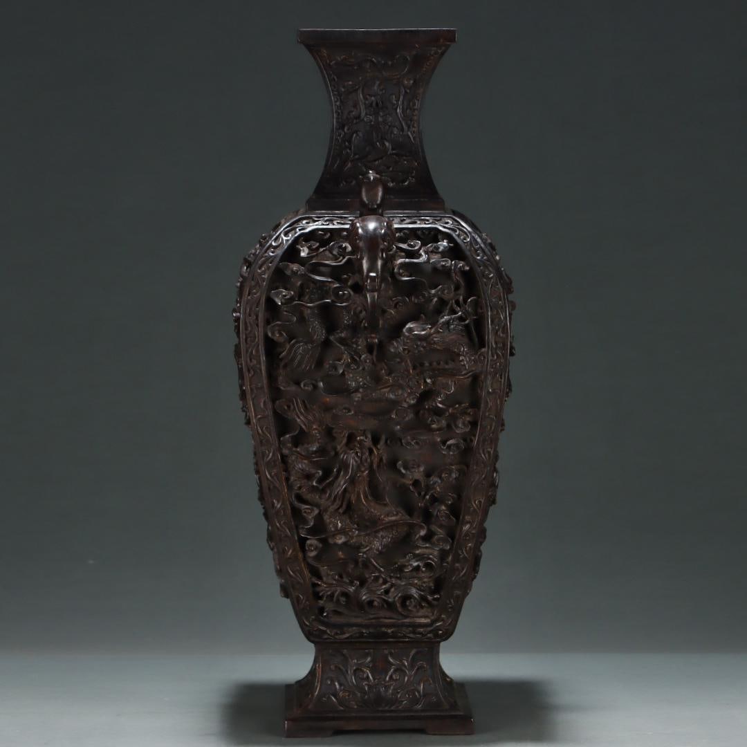 A pair of exquisite agarwood relief dragon and phoenix square vases (1 of 6)