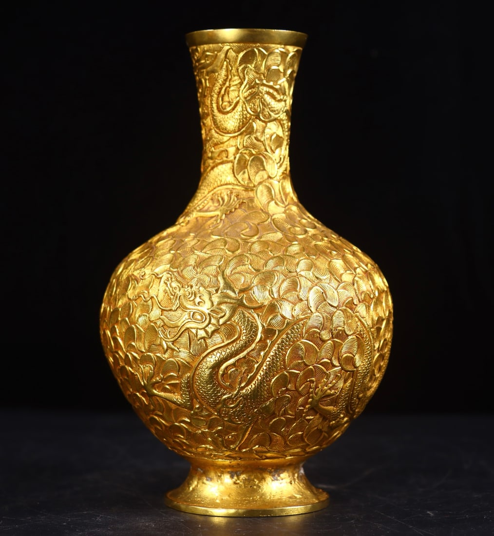 A Qing Dynasty copper gilt hand-engraved coiling dragon vase (1 of 8)