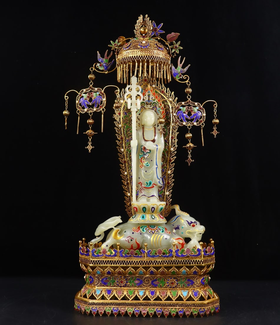 A Qing Dynasty filigree gilded Hetian jade painted Ksitigarbha Bodhisattva: A Qing Dynasty filigree gilded Hetian jade painted gilded Ksitigarbha Bodhisattva Size:H:44.5cm L:22cm W:10cm W:1.92kg (The Dimensions Of All Batches Are Manually Measured.If You Need More Detailed In
