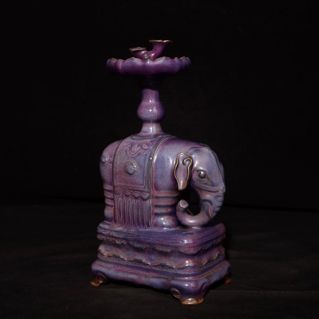 A Song Dynasty Jun kiln multi-character elephant oil lamp: Song dynasty Jun kiln multi-character elephant oil lamp Size:27x15cm (The Dimensions Of All Batches Are Manually Measured.If You Need More Detailed Information, Please Contact Our Customer Service Bef