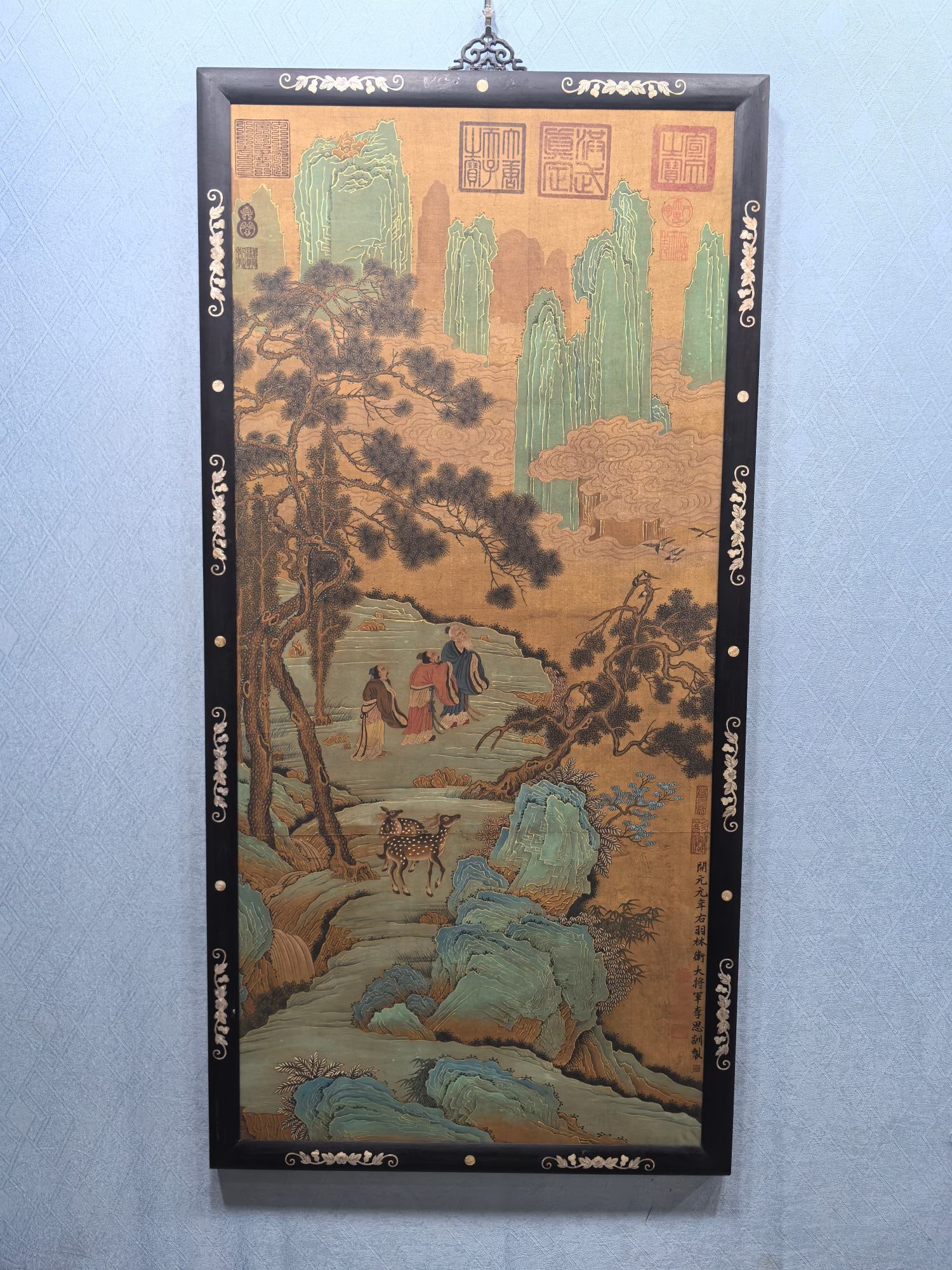 A landscape figure painting by Li Sixun from the Tang Dynasty: A landscape figure painting by Li Sixun of the Tang dynasty Size:72.6x146.2cm (The Dimensions Of All Batches Are Manually Measured.If You Need More Detailed Information, Please Contact Our Customer Se