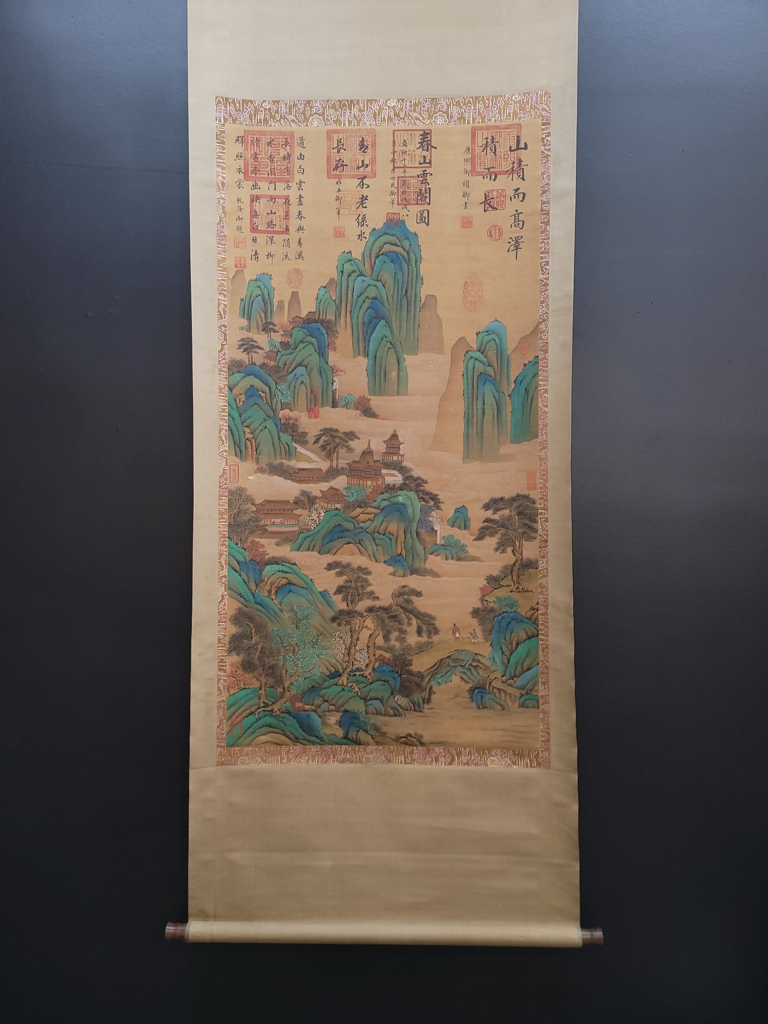 A Tang dynasty painting by Li Shimin of the Spring Mountains and Cloud Pavilion: A painting by Li Shimin of the Tang dynasty, 'Spring Mountains and Cloud Pavilion.' Size:68x134.5cm (The Dimensions Of All Batches Are Manually Measured.If You Need More Detailed Information, Please C